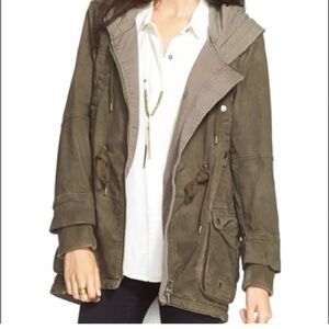 Free People Lined Olive Green Hooded Utility Jacket (Size: Small)